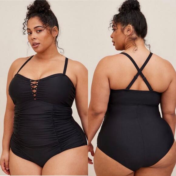 Torrid Lattice Ruched Front One Piece Swimsuit Black Plus Size 5X NWT - Picture 1 of 13